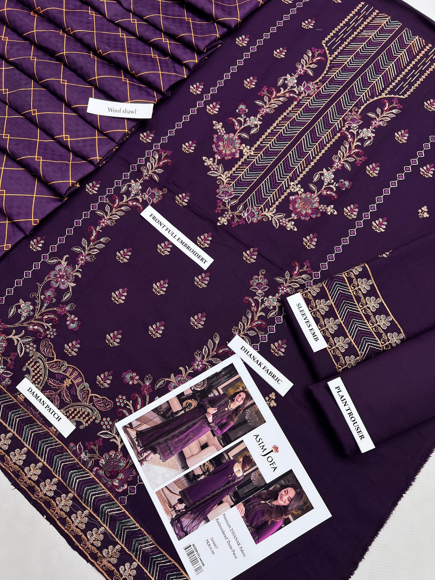 Asim jofa D # 129- 01| 3PC Luxury Dhanak | Dhanak embroidered wool shawl