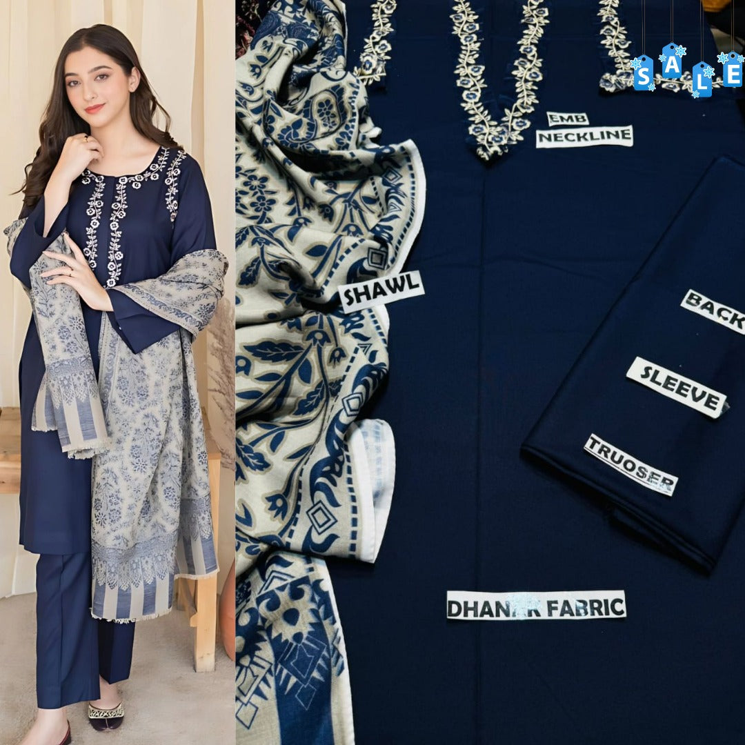 Aisling D # 11 - 01 | 3PC Luxury Dhanak | Couture Wool Print Shawl