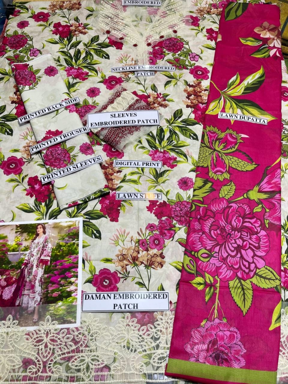 Maria B D # 243 - 01 | 3PC Printed Lawn | Printed Poly Lawn Duppata