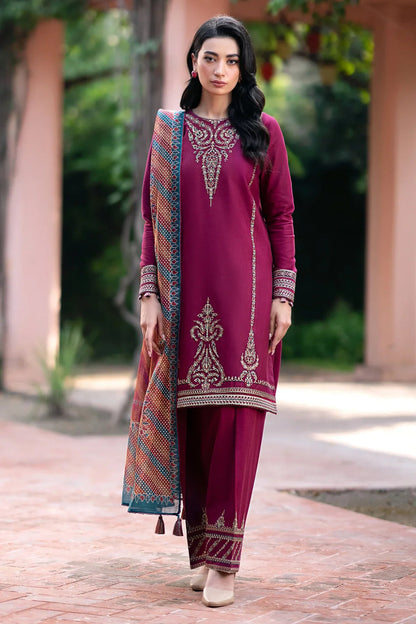 Jazmin D # 347 - 01 | 3pc Dhanak Embroidered Shirt | Wool Print Shawl