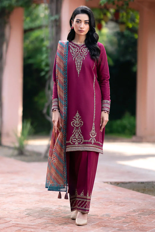 Jazmin D # 347 - 01 | 3pc Dhanak Embroidered Shirt | Wool Print Shawl