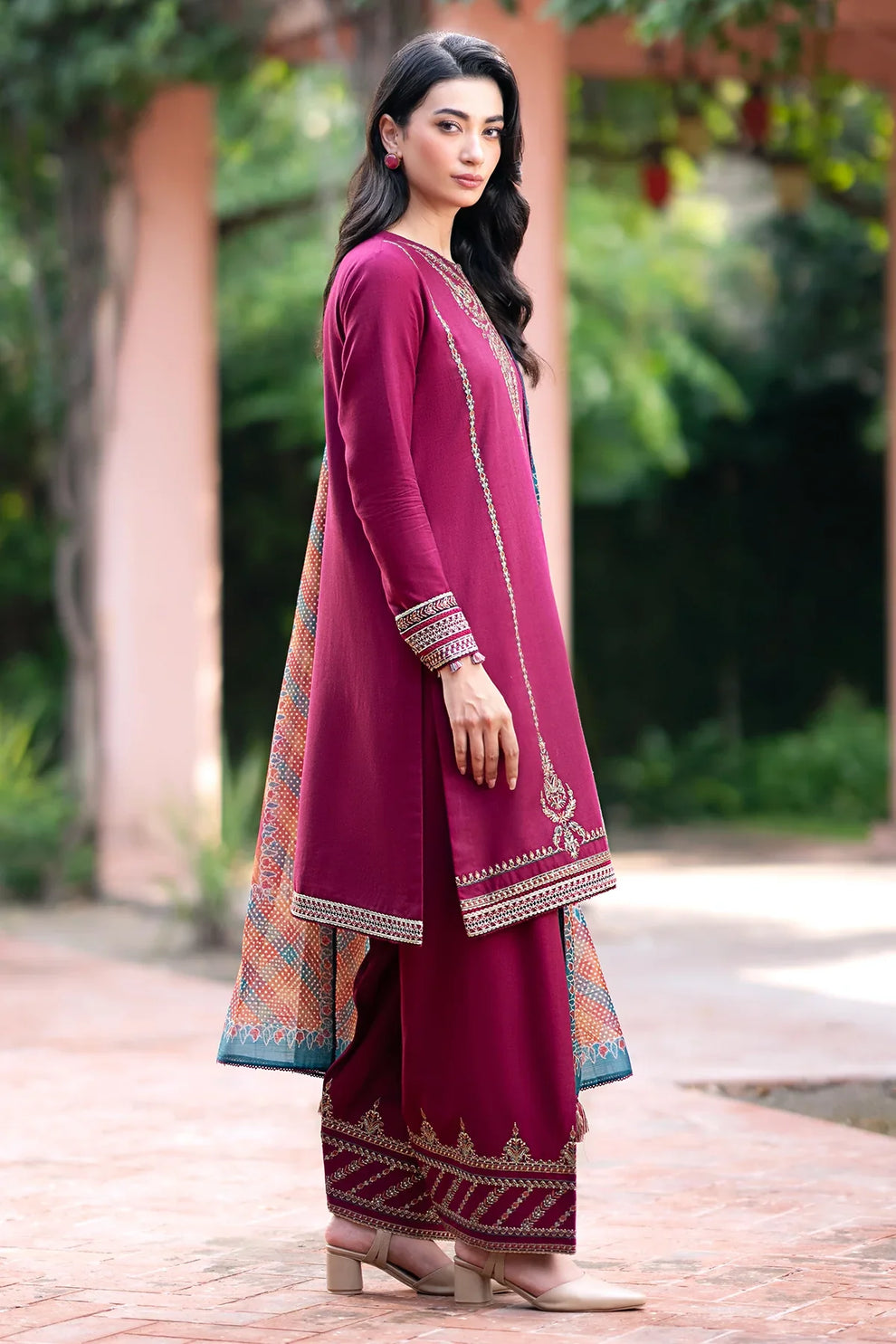 Jazmin D # 347 - 01 | 3pc Dhanak Embroidered Shirt | Wool Print Shawl