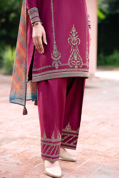 Jazmin D # 347 - 01 | 3pc Dhanak Embroidered Shirt | Wool Print Shawl