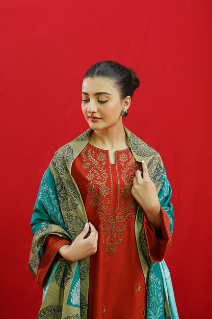 Urge D # 273 - 01 | 3pc Luxury Dhanak Embroidered Shirt | Wool Shawl