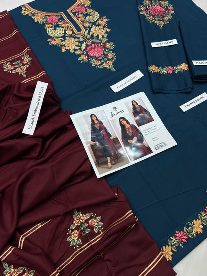 JAZMIN D # 133- 01| 3PC Luxury Dhanak | Dhanak embroidered shawl