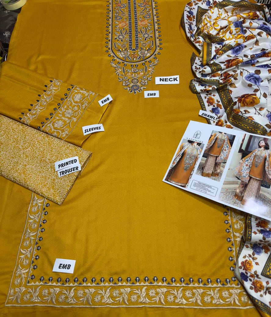 Sapphire D # 175- 01 | 3PC Luxury Dhanak | Printed Wool Shawl