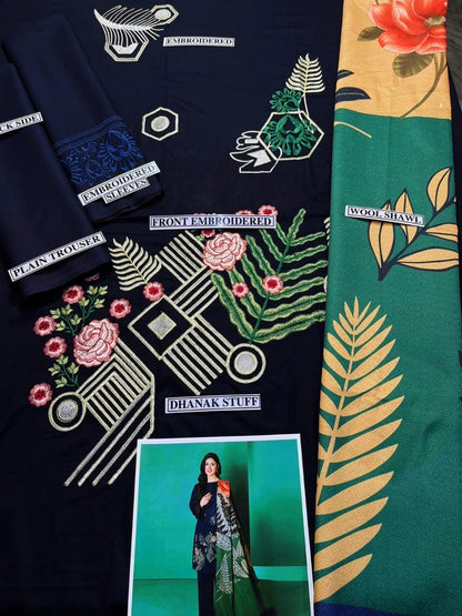 Nishat D # 117- 01| 3PC Luxury Dhanak | printed wool Shawl