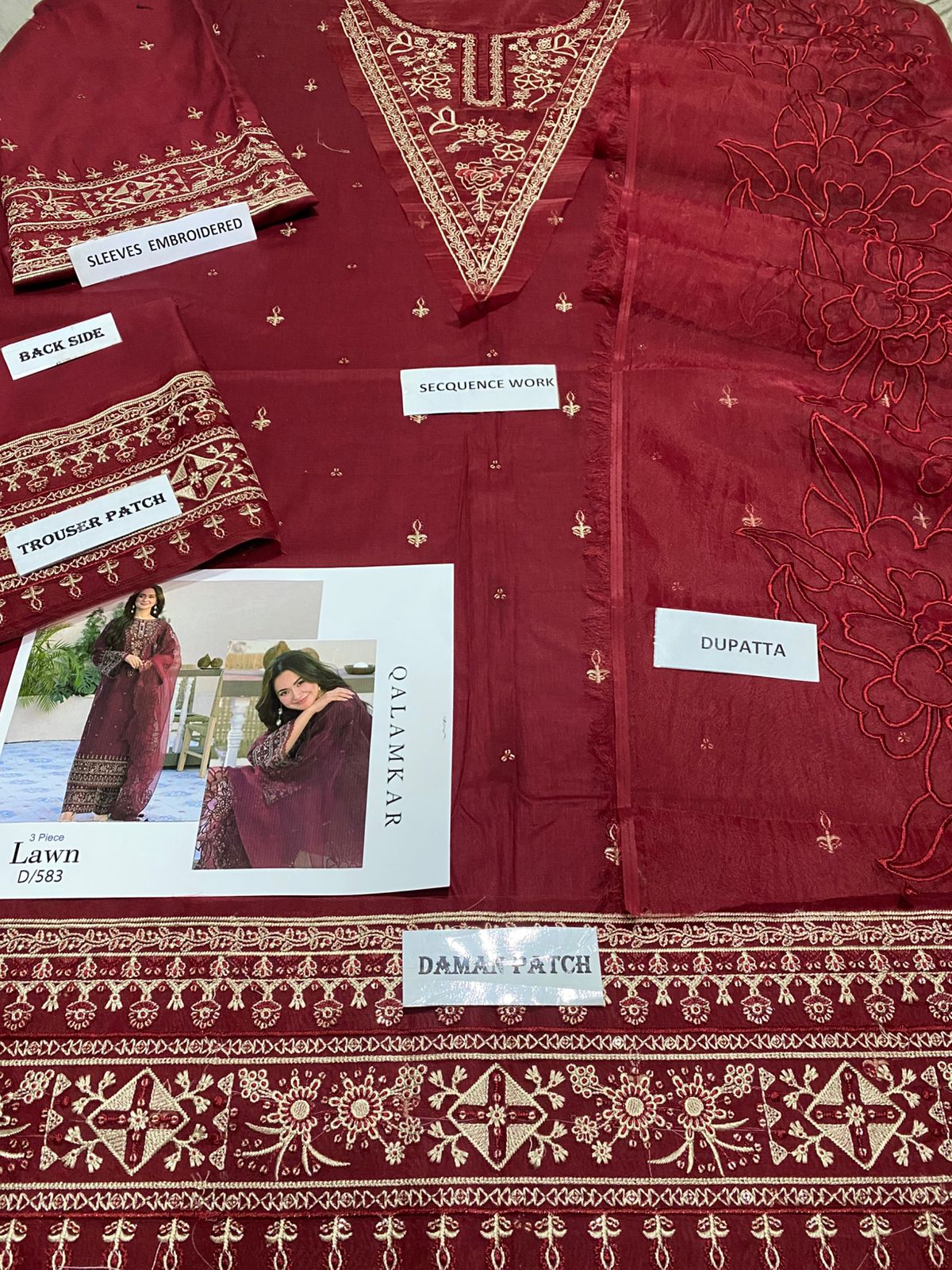 Qalamkar D # 290 - 01 | 3PC Luxury Lawn  | Organza Heavy Embroidered Duppata