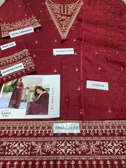 Qalamkar D # 290 - 01 | 3PC Luxury Lawn  | Organza Heavy Embroidered Duppata