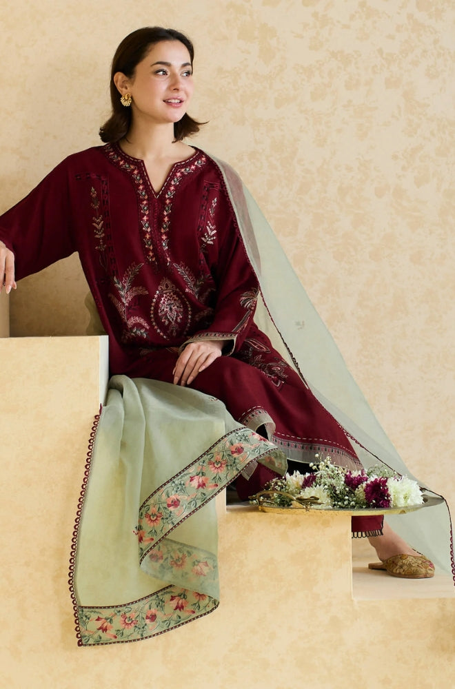 Zara Shahjahan D # 185- 01 | 3PC Luxury Dhanak | Dhanak Embroidered Shawl