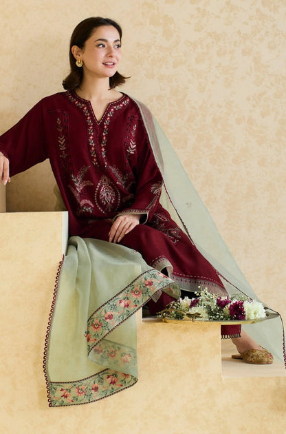 Zara Shahjahan D # 185- 01 | 3PC Luxury Dhanak | Dhanak Embroidered Shawl